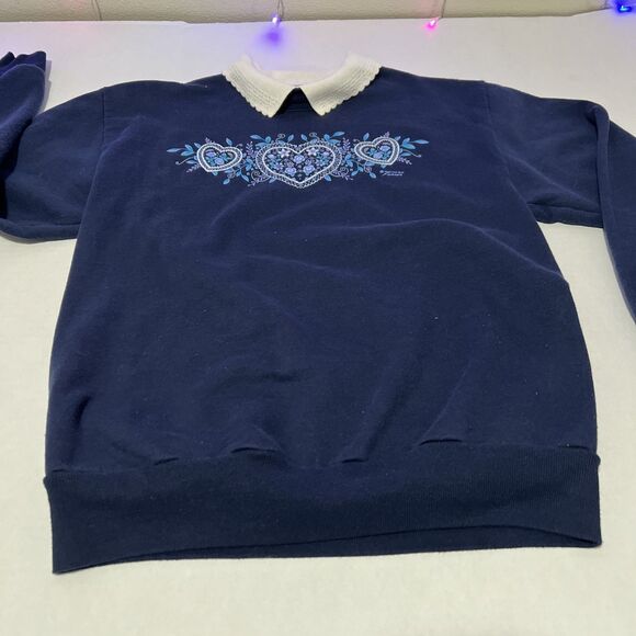 Morning Sun Sweater Collared Pullover M Blue Floral Hearts 80s 90s Grandmacore - Picture 3 of 7